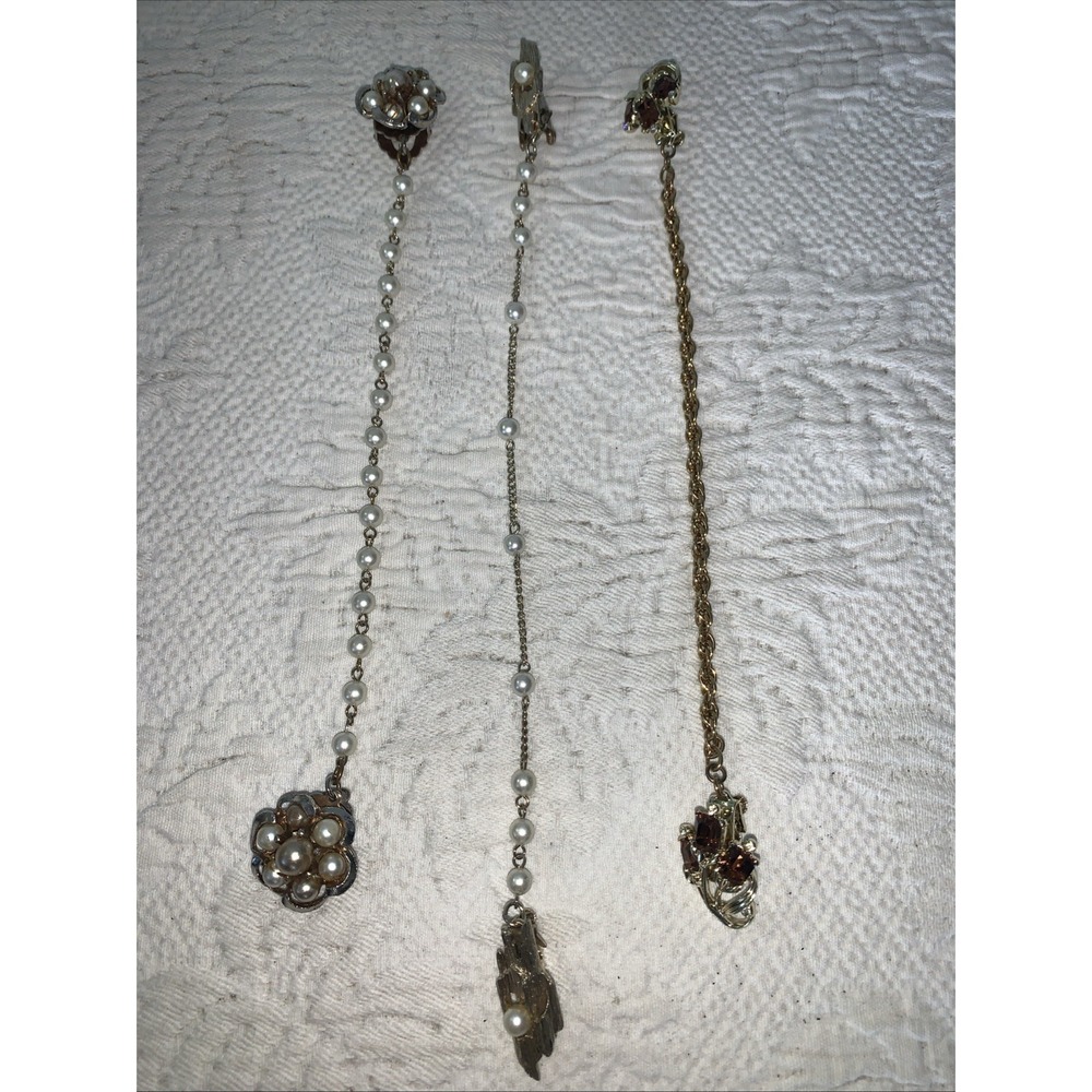 3 Vintage‎ Sweater Guard Clip Faux Pearl Rhinestone Chain Dangle Cardigan Clip
